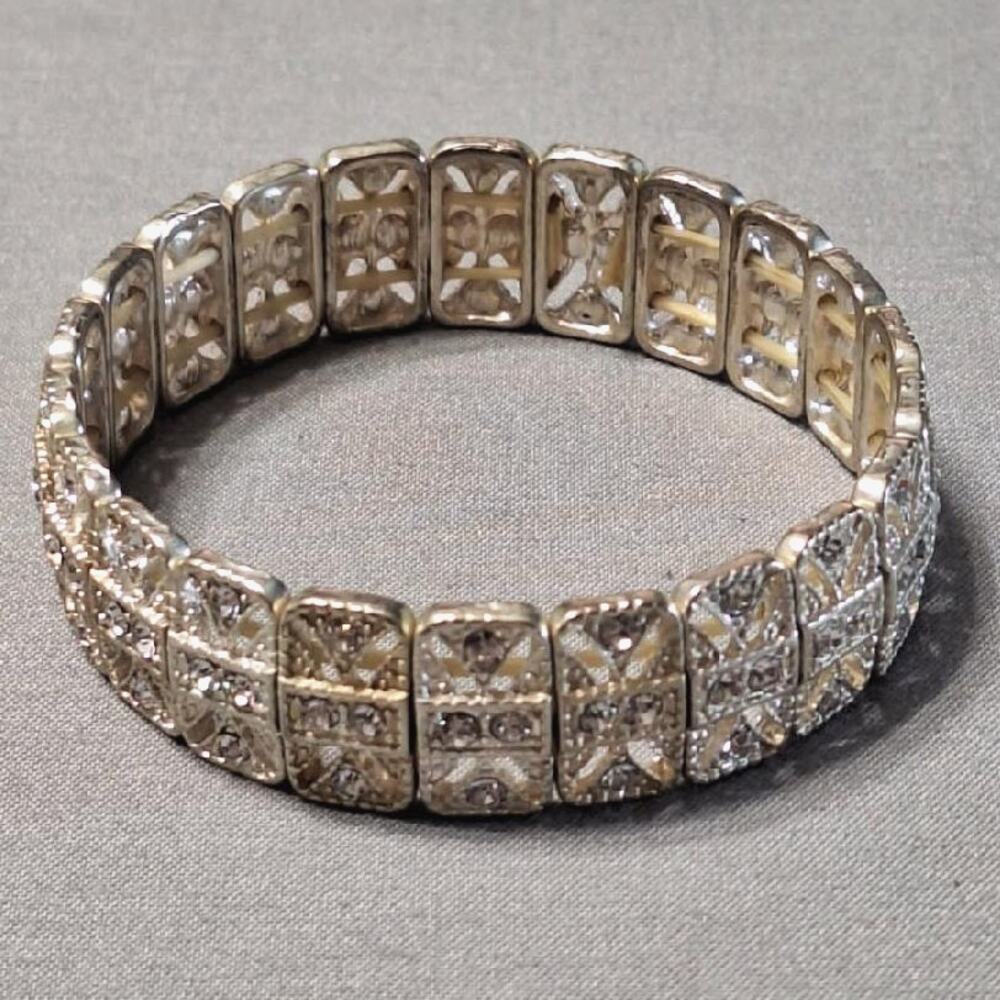 Vintage Art Deco Style Rhinestone Panel Stretch Bracelet Silver Gold Tone